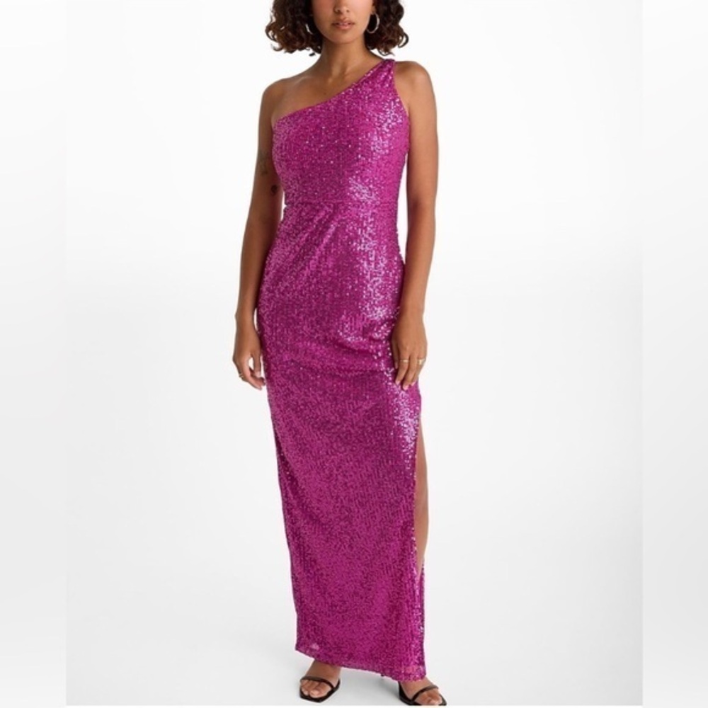 Express NWT Sequin Maxi Dress Neon Berry One Shoulder Side Slit size Small